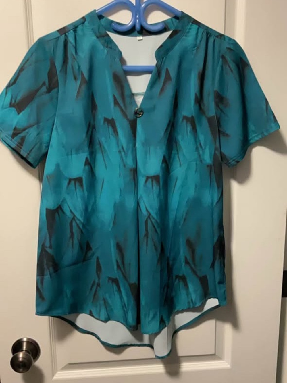 Teal Printed Short-Sleeve Women's Blouse